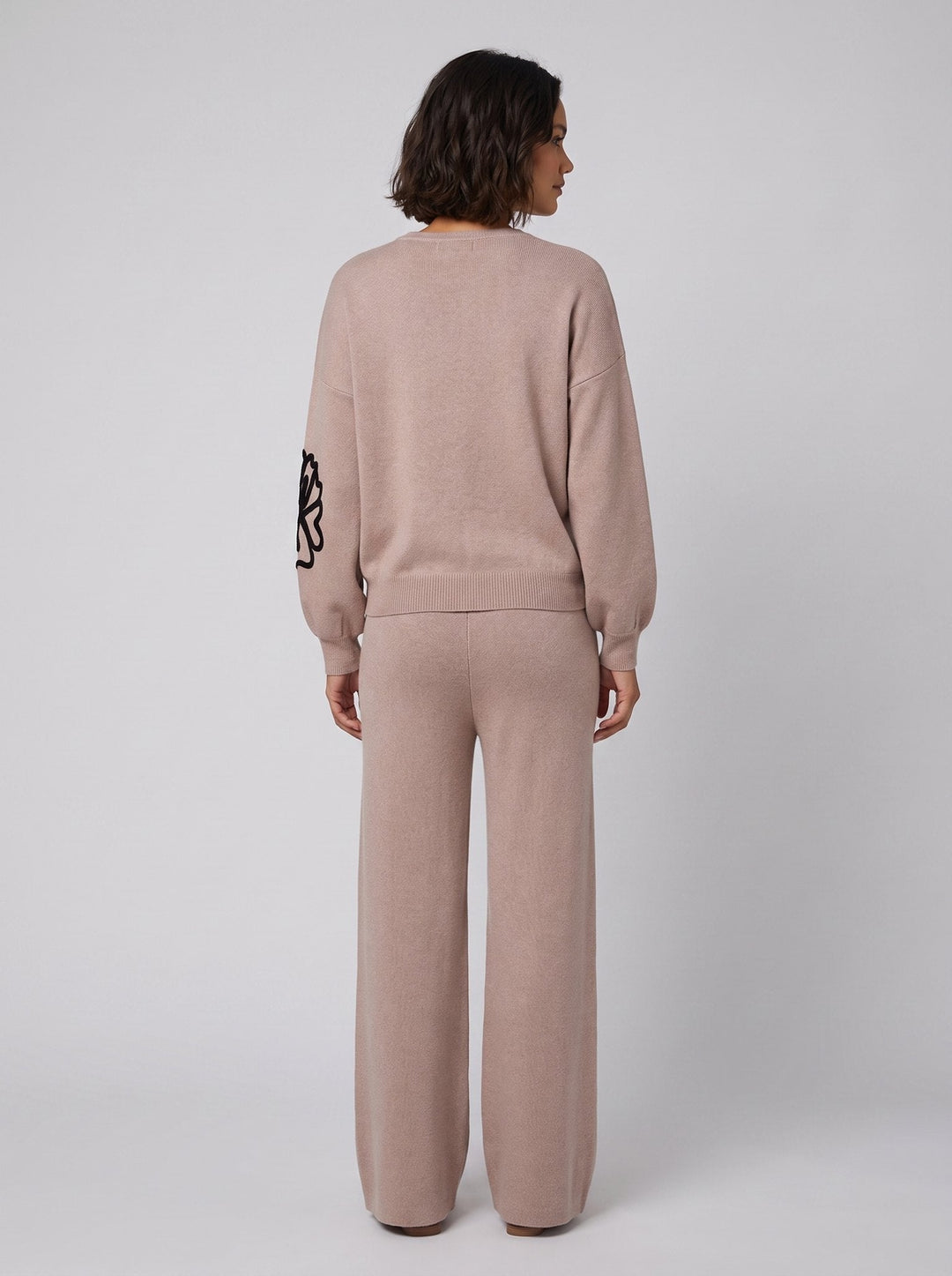 Ensemble Femme Deux Pièces En Maille Motif Fleur Col Rond Et Pantalon Large