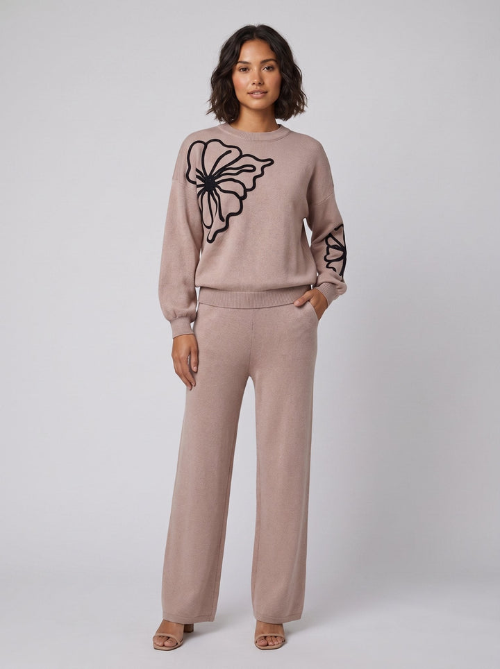 Ensemble Femme Deux Pièces En Maille Motif Fleur Col Rond Et Pantalon Large