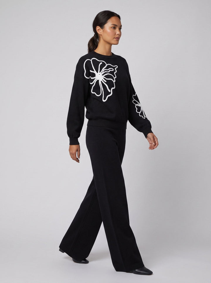 Ensemble Femme Deux Pièces En Maille Motif Fleur Col Rond Et Pantalon Large