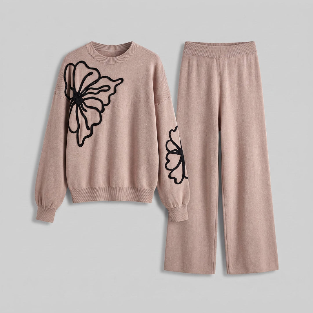 Ensemble Femme Deux Pièces En Maille Motif Fleur Col Rond Et Pantalon Large