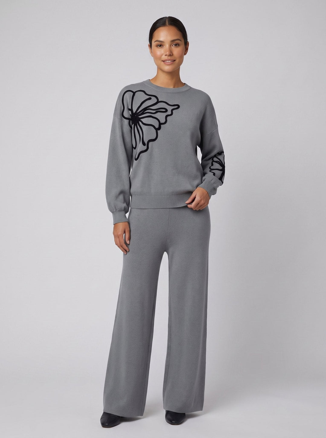 Ensemble Femme Deux Pièces En Maille Motif Fleur Col Rond Et Pantalon Large