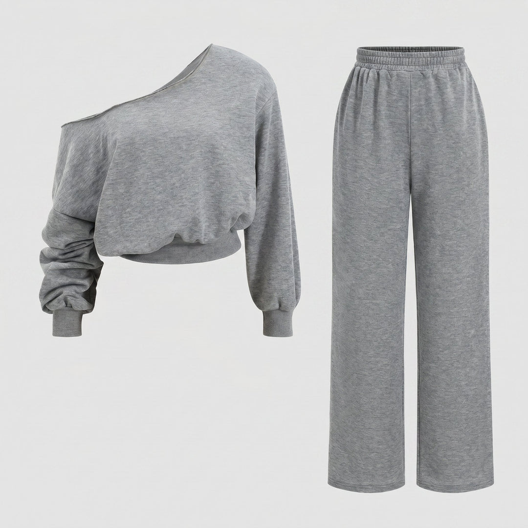 Ensemble Femme Deux Pièces Haut Asymétrique Épaules Dénudées Et Pantalon