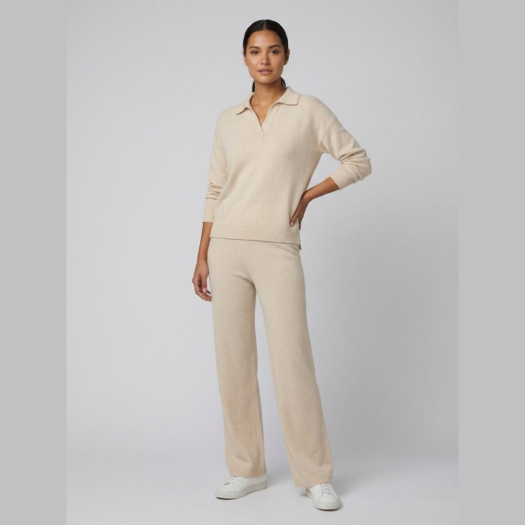 Dames-tweedelige set van fijngebreid materiaal met polokraag en rechte broek