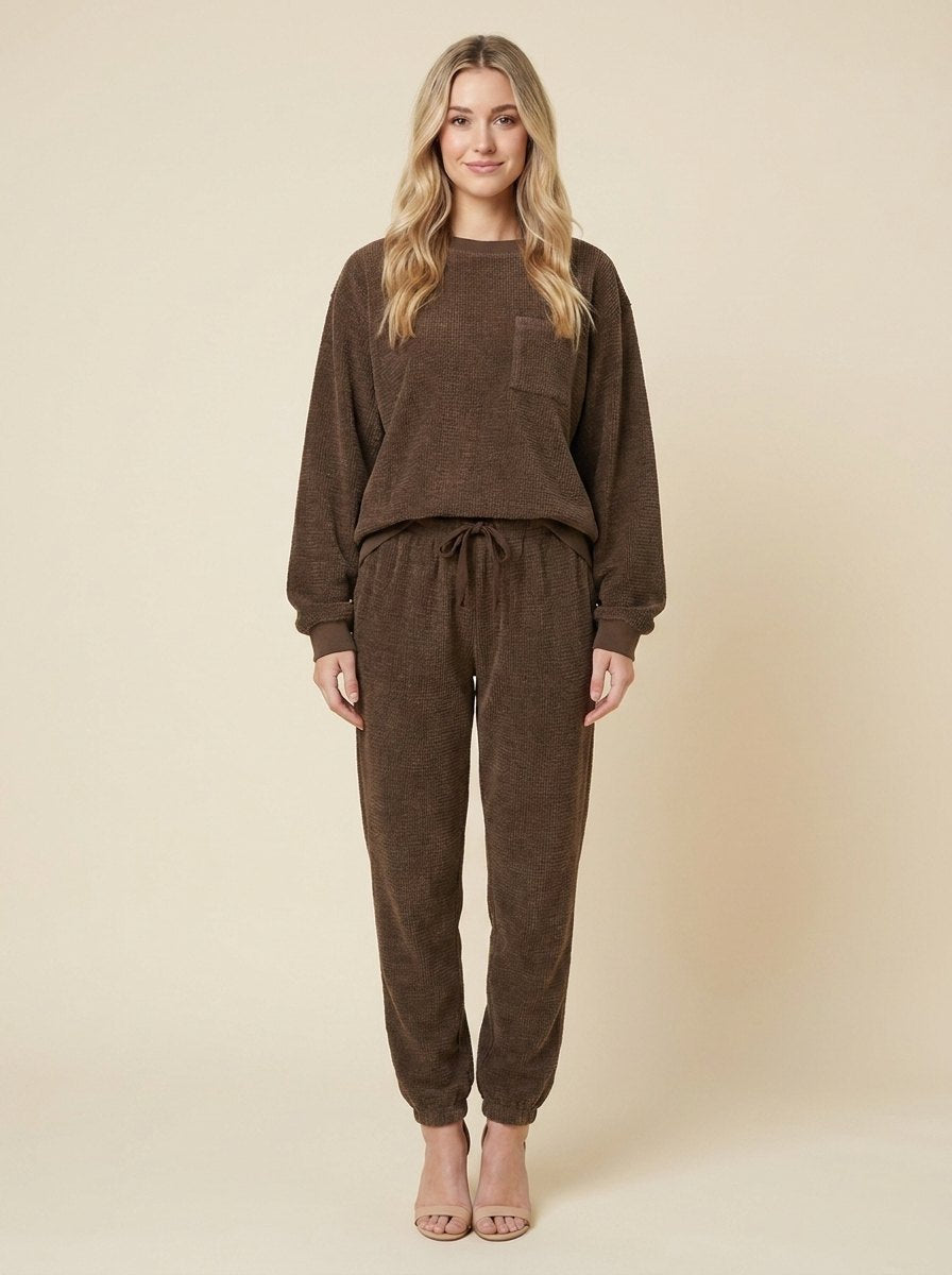 Women's Two-Piece Corduroy Set with Crew-Neck Top and Pants