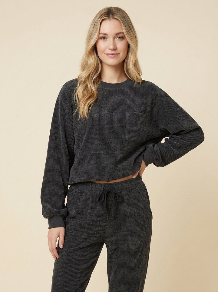 Women's Two-Piece Corduroy Set with Crew-Neck Top and Pants