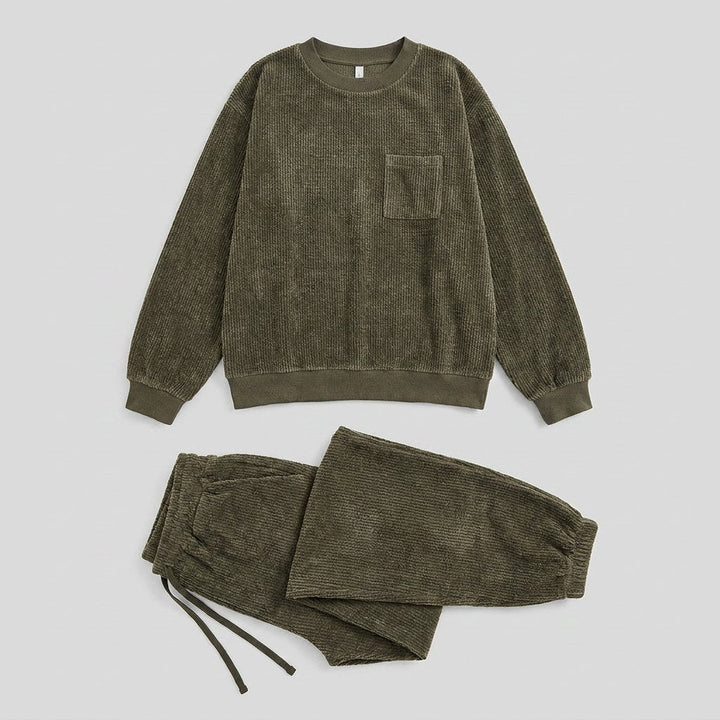 Women's Two-Piece Corduroy Set with Crew-Neck Top and Pants