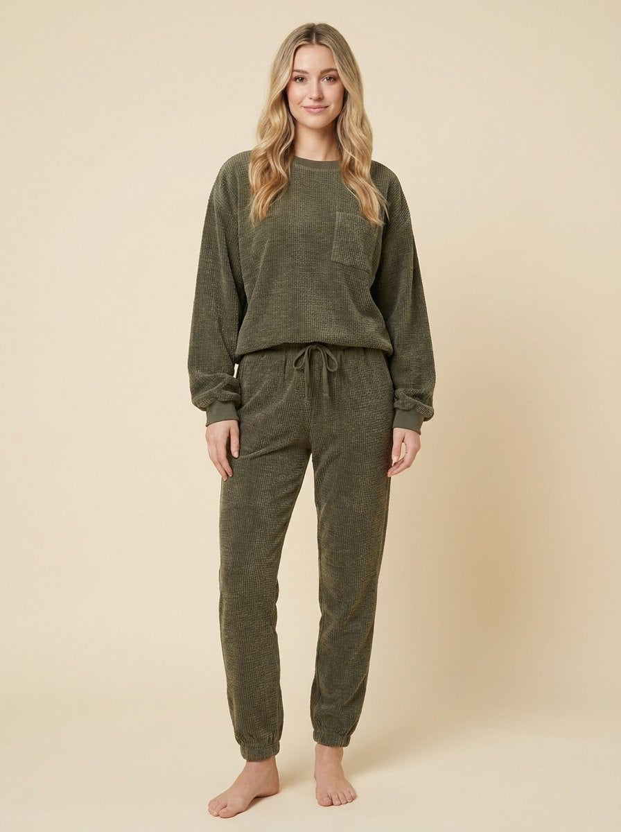 Women's Two-Piece Corduroy Set with Crew-Neck Top and Pants