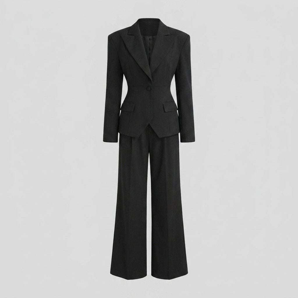 Damespak met getailleerde blazer en wijde pantalon met plooien