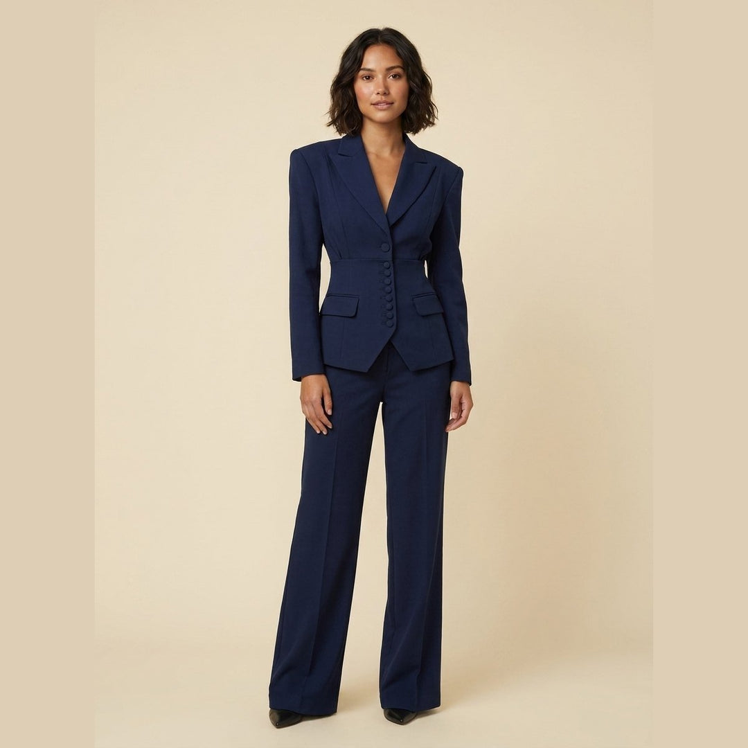 Damespak met getailleerde blazer en wijde pantalon met plooien