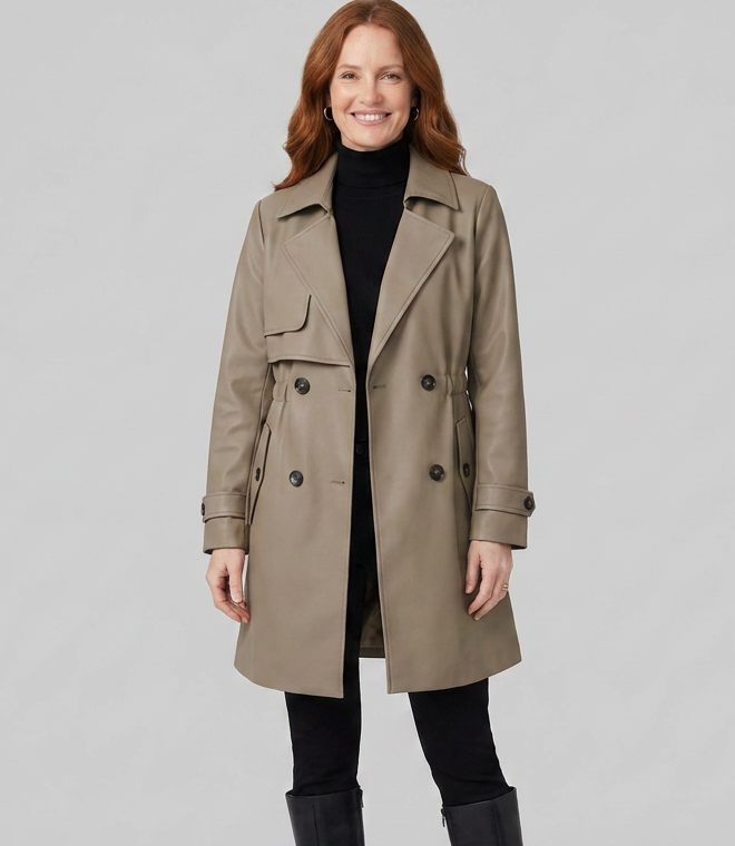 Women's Belted Trench Coat with Notched Lapels, Double-Breasted Closure, and Side Pockets