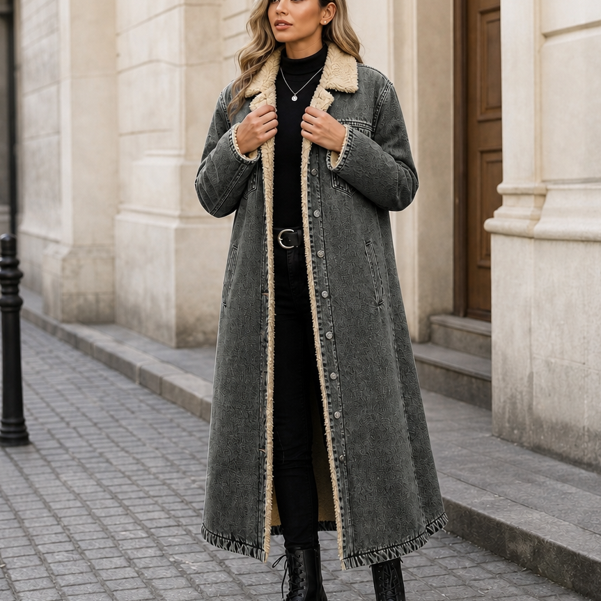 Cappotto lungo da donna in denim foderato in sherpa