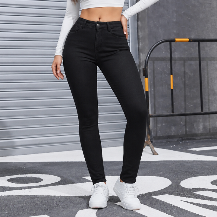 Jeans Femme Doublé Polaire Taille Haute Coupe Slim Extensible