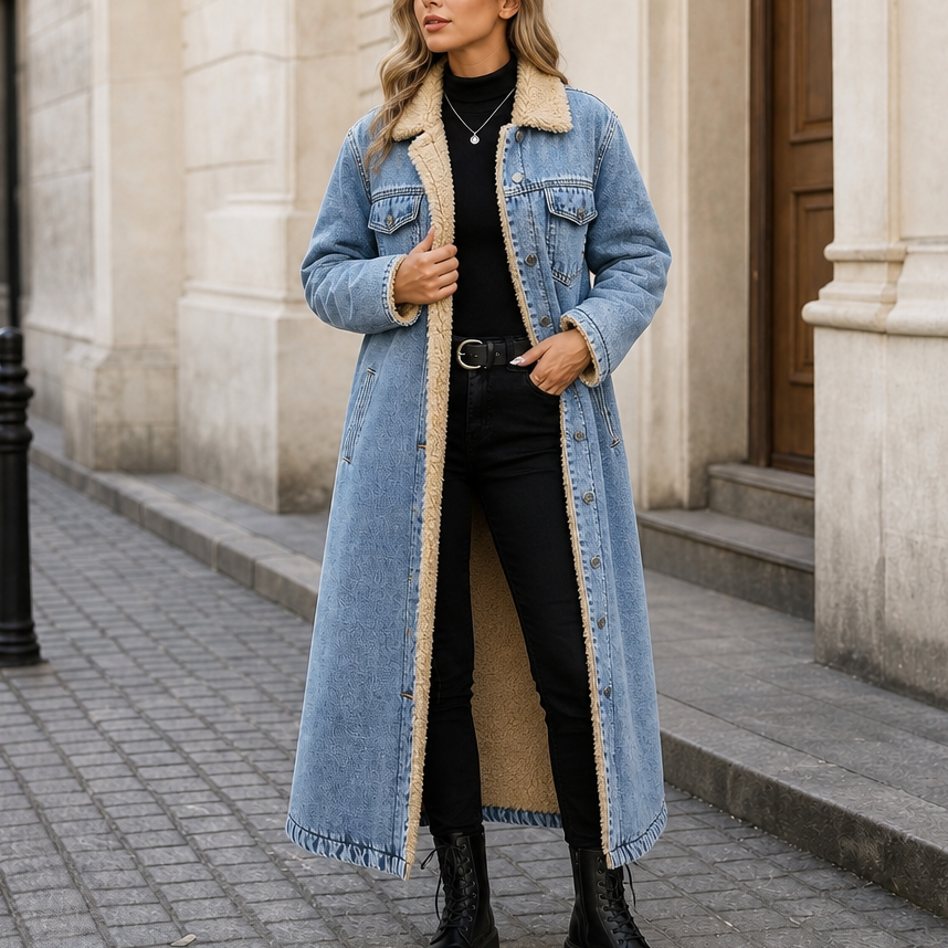 Cappotto lungo da donna in denim foderato in sherpa