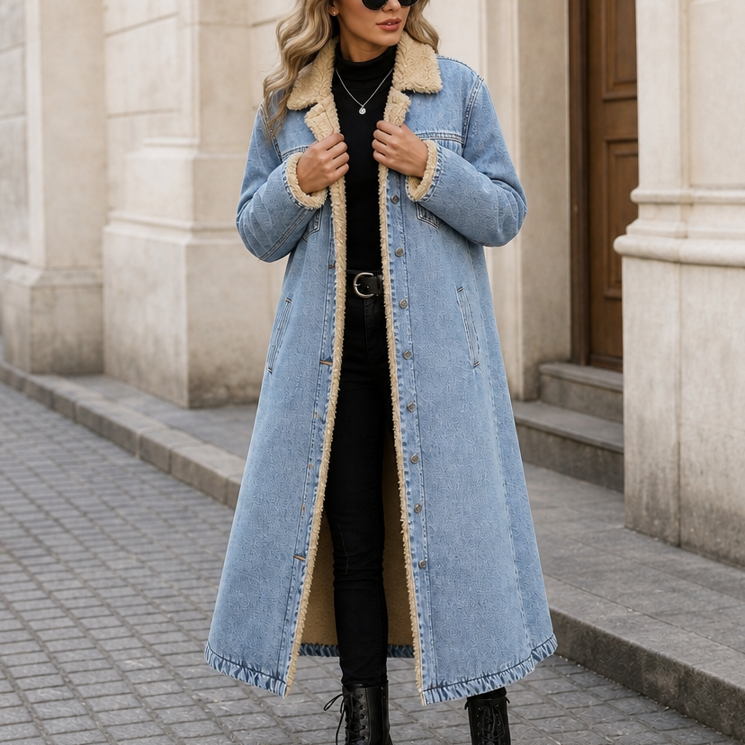 Cappotto lungo da donna in denim foderato in sherpa