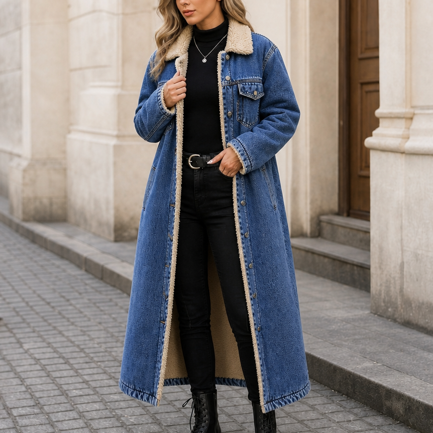 Cappotto lungo da donna in denim foderato in sherpa