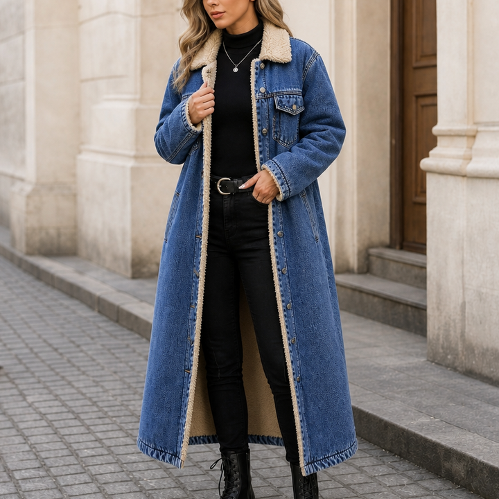 Cappotto lungo da donna in denim foderato in sherpa