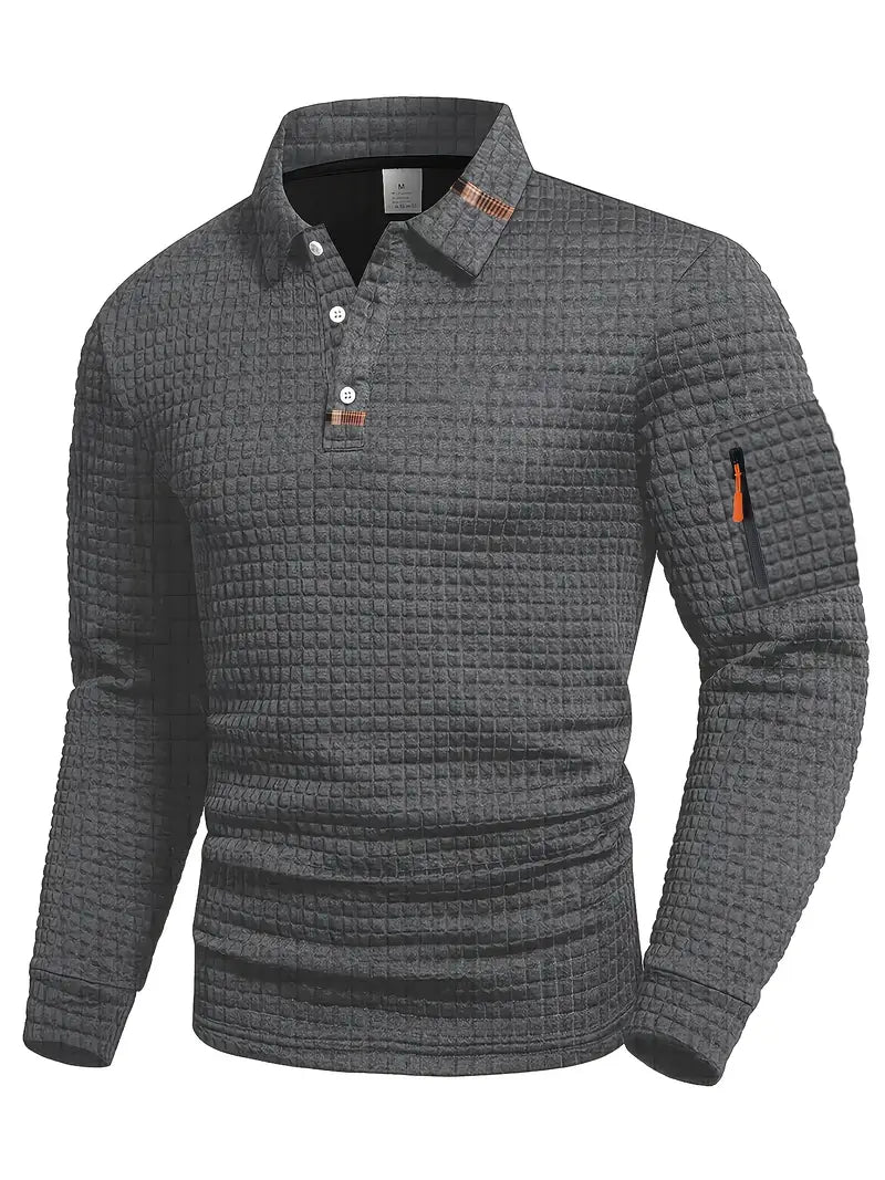 Polo da uomo a maniche lunghe in maglia goffrata con taschino sulla manica