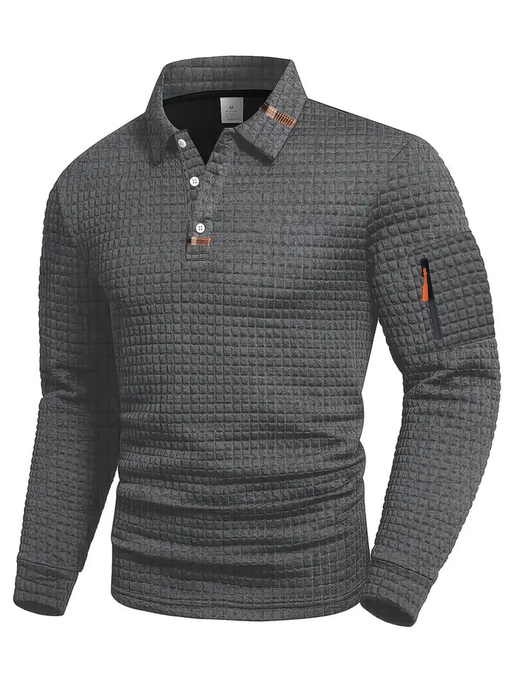 Polo da uomo a maniche lunghe in maglia goffrata con taschino sulla manica