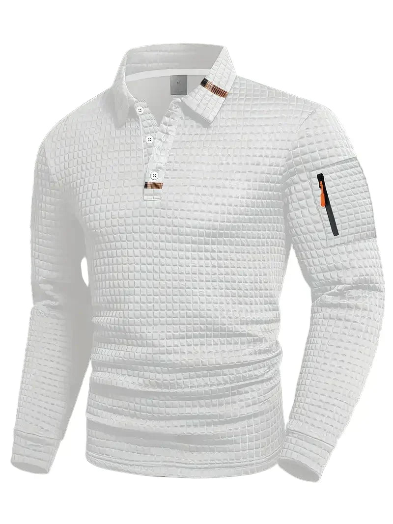 Polo da uomo a maniche lunghe in maglia goffrata con taschino sulla manica