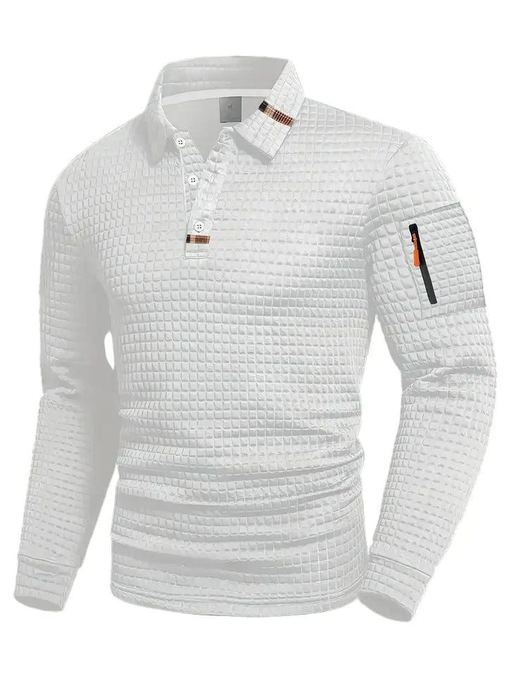 Polo da uomo a maniche lunghe in maglia goffrata con taschino sulla manica