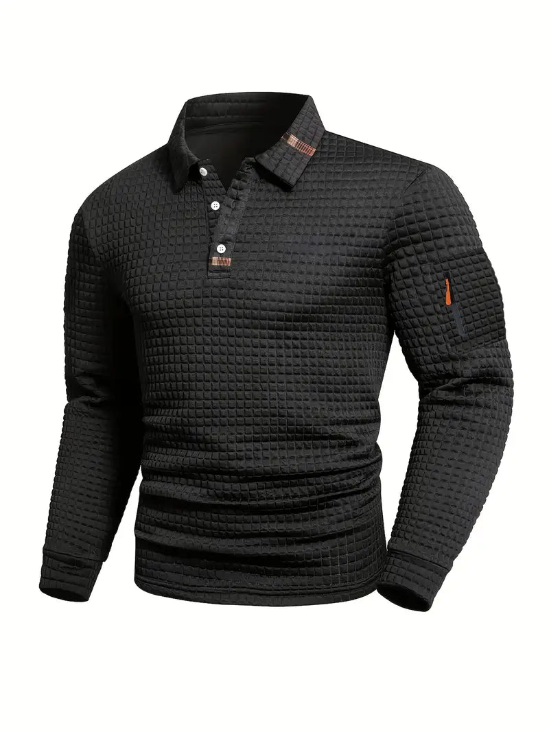 Polo da uomo a maniche lunghe in maglia goffrata con taschino sulla manica