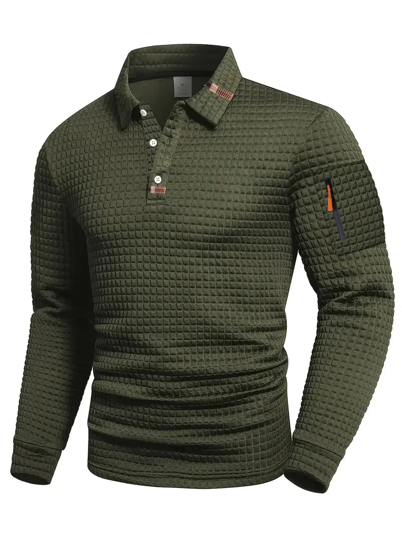 Polo da uomo a maniche lunghe in maglia goffrata con taschino sulla manica