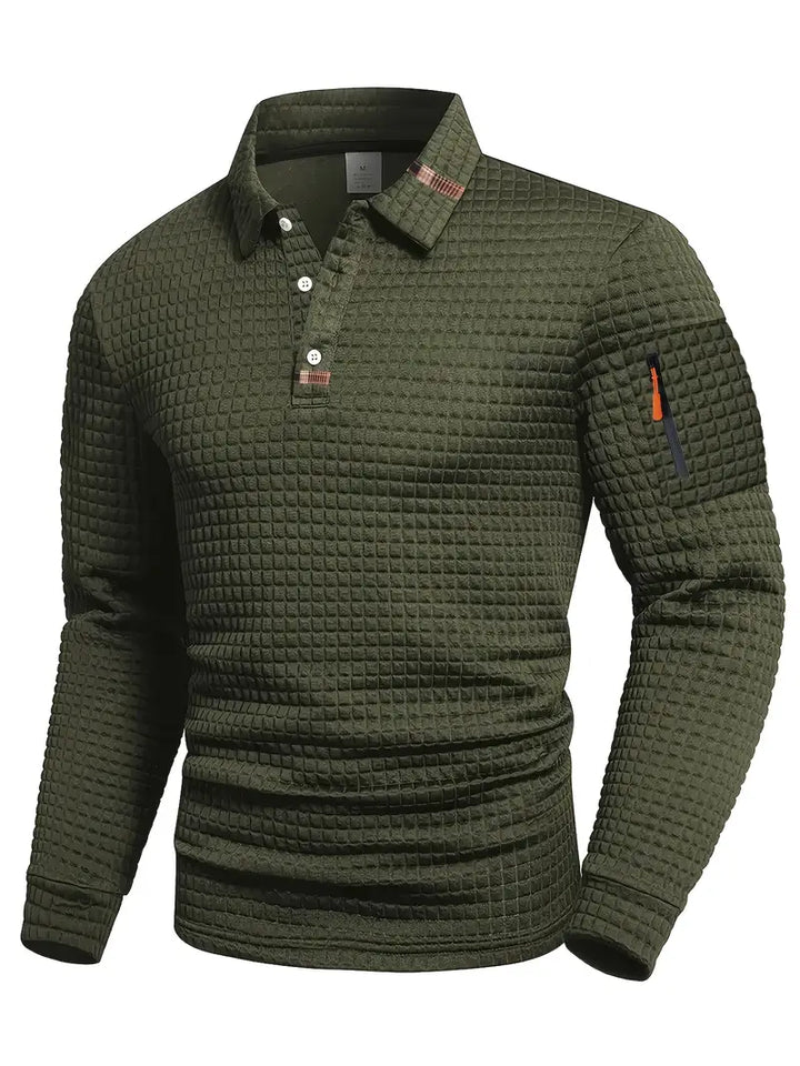 Polo da uomo a maniche lunghe in maglia goffrata con taschino sulla manica