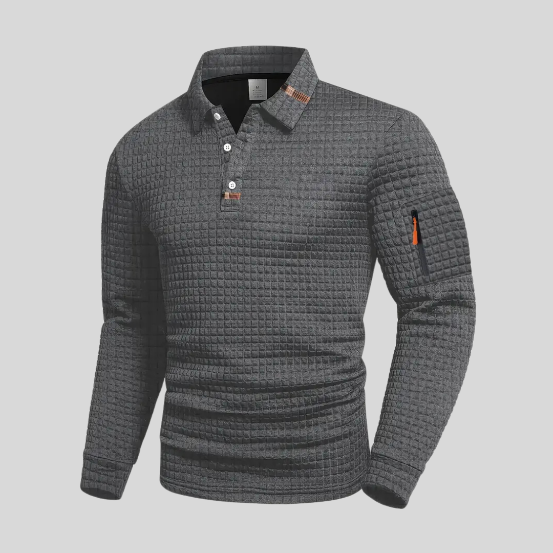 Polo da uomo a maniche lunghe in maglia goffrata con taschino sulla manica