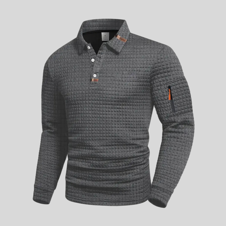 Polo da uomo a maniche lunghe in maglia goffrata con taschino sulla manica