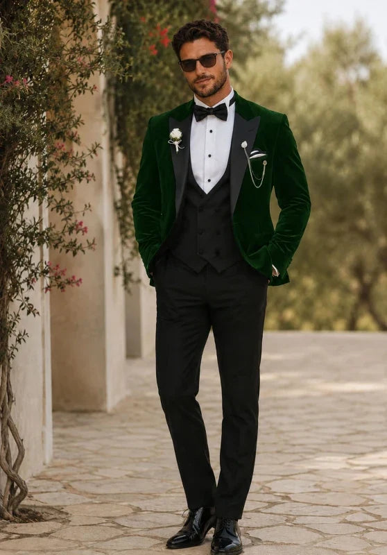Men's Slim Fit Three-Piece Velvet Suit with Contrasting Lapel and Bow Tie