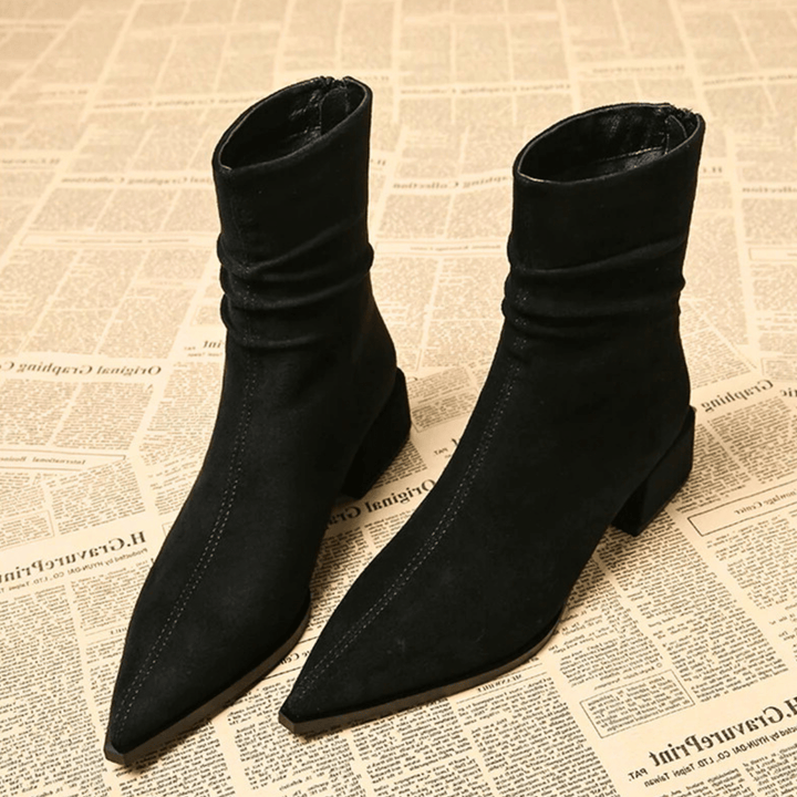 Bottines Femme À Bout Pointu Aspect Suédine Talon Carré