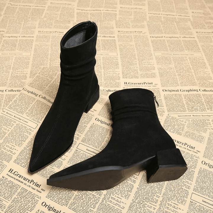 Bottines Femme À Bout Pointu Aspect Suédine Talon Carré