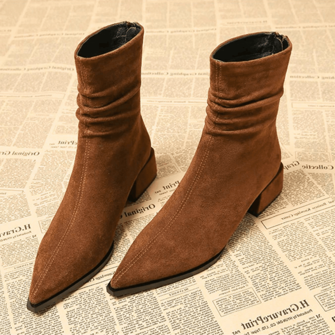 Bottines Femme À Bout Pointu Aspect Suédine Talon Carré