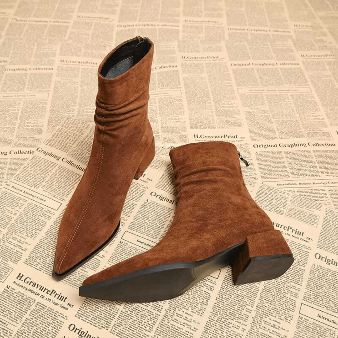 Bottines Femme À Bout Pointu Aspect Suédine Talon Carré