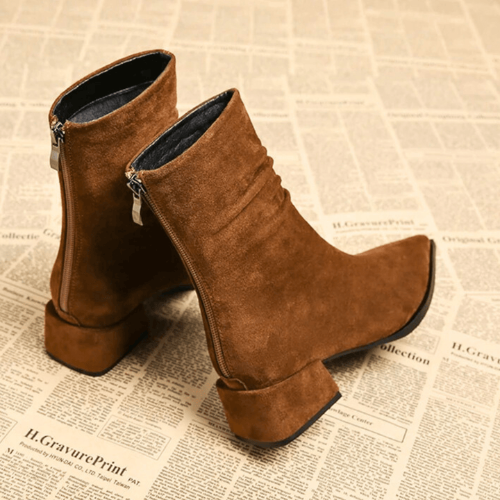 Bottines Femme À Bout Pointu Aspect Suédine Talon Carré