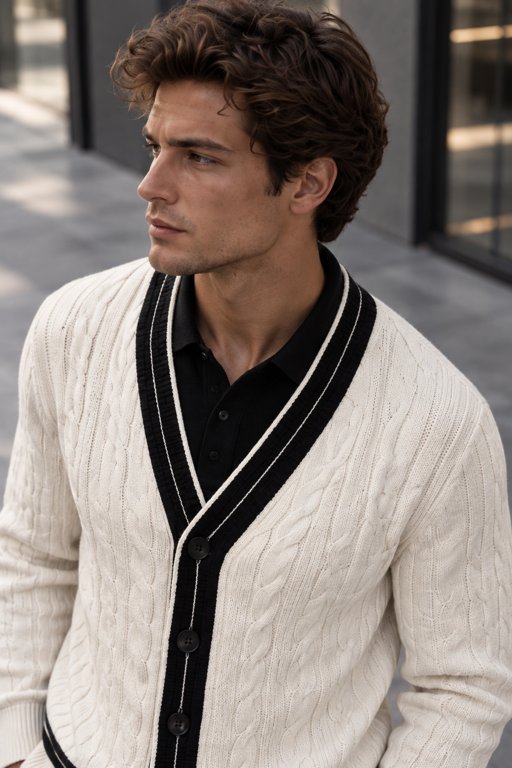 Men's V-Neck Button-Front Cardigan with Contrast Trim and Ribbed Hem