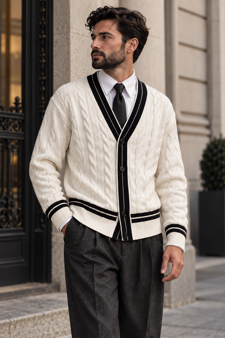 Men's V-Neck Button-Front Cardigan with Contrast Trim and Ribbed Hem