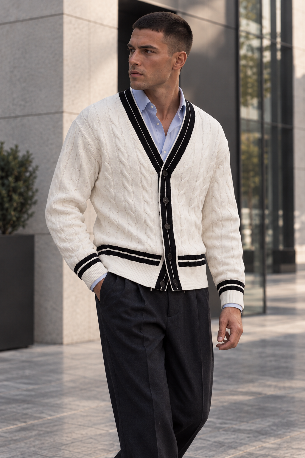 Men's V-Neck Button-Front Cardigan with Contrast Trim and Ribbed Hem