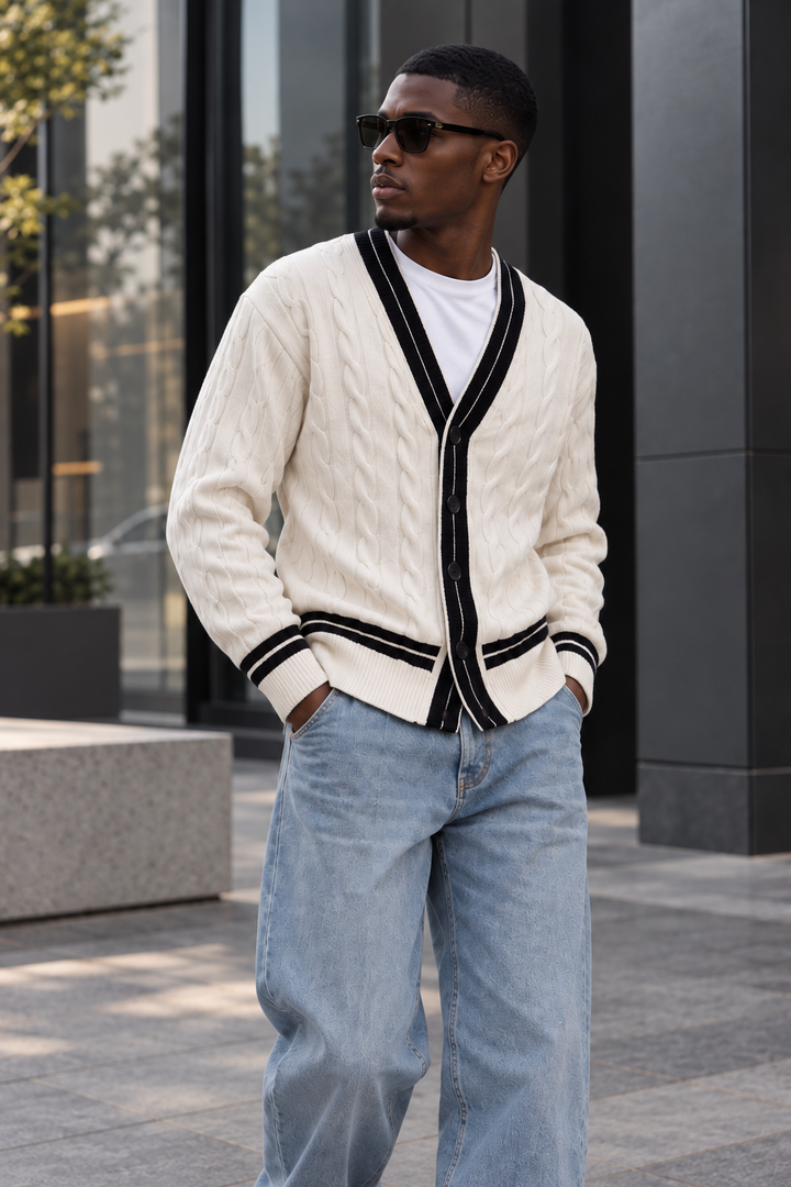 Men's V-Neck Button-Front Cardigan with Contrast Trim and Ribbed Hem