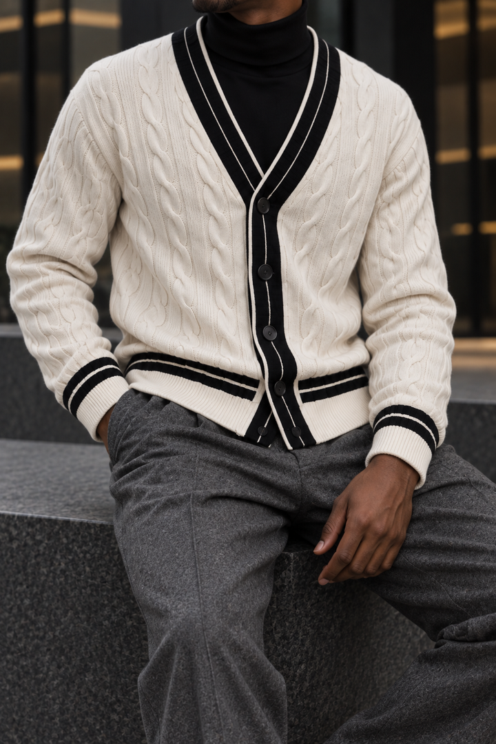Men's V-Neck Button-Front Cardigan with Contrast Trim and Ribbed Hem