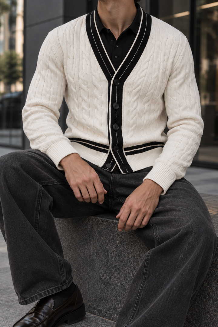 Men's V-Neck Button-Front Cardigan with Contrast Trim and Ribbed Hem
