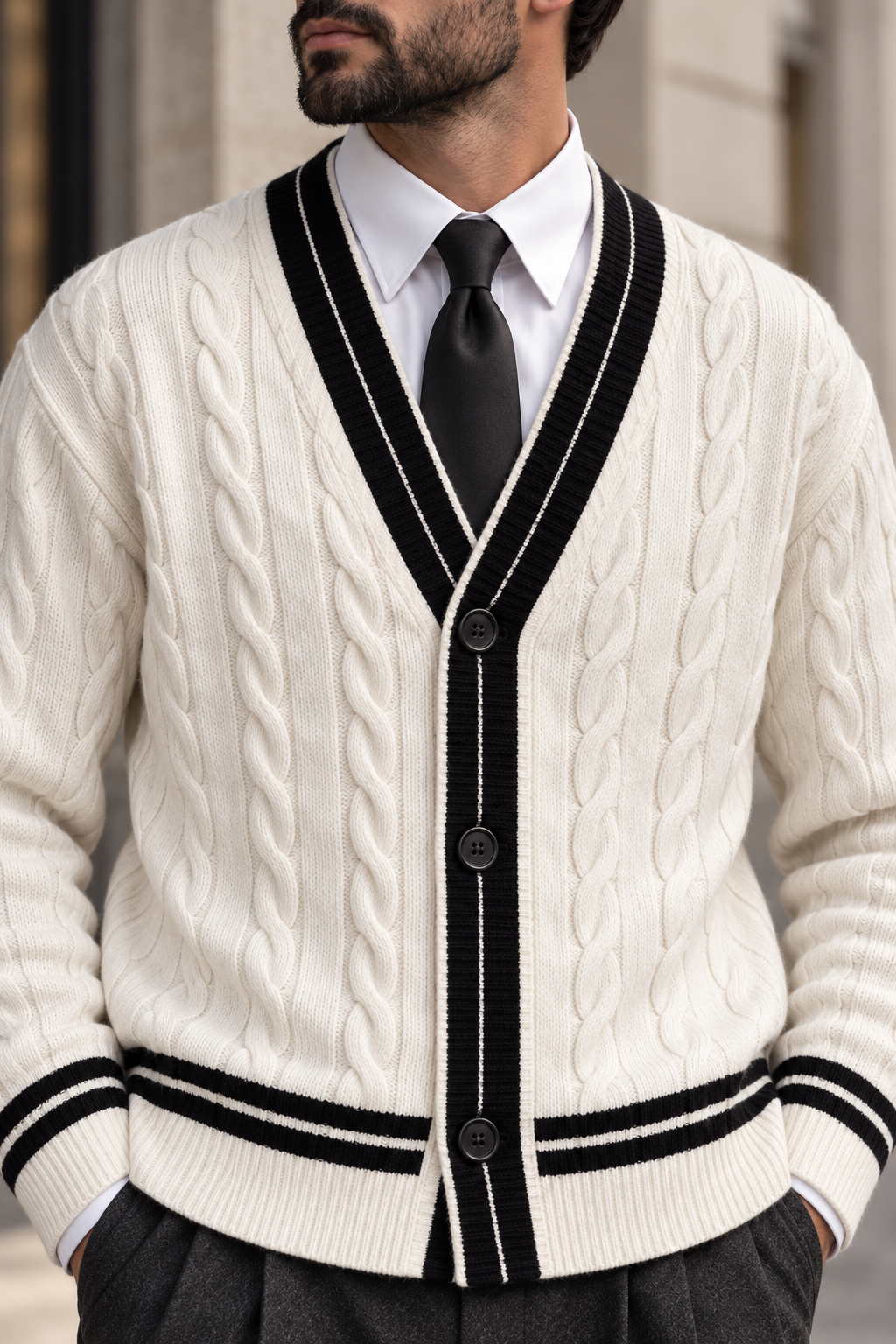 Men's V-Neck Button-Front Cardigan with Contrast Trim and Ribbed Hem
