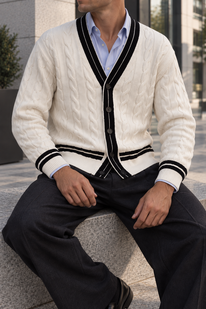 Men's V-Neck Button-Front Cardigan with Contrast Trim and Ribbed Hem