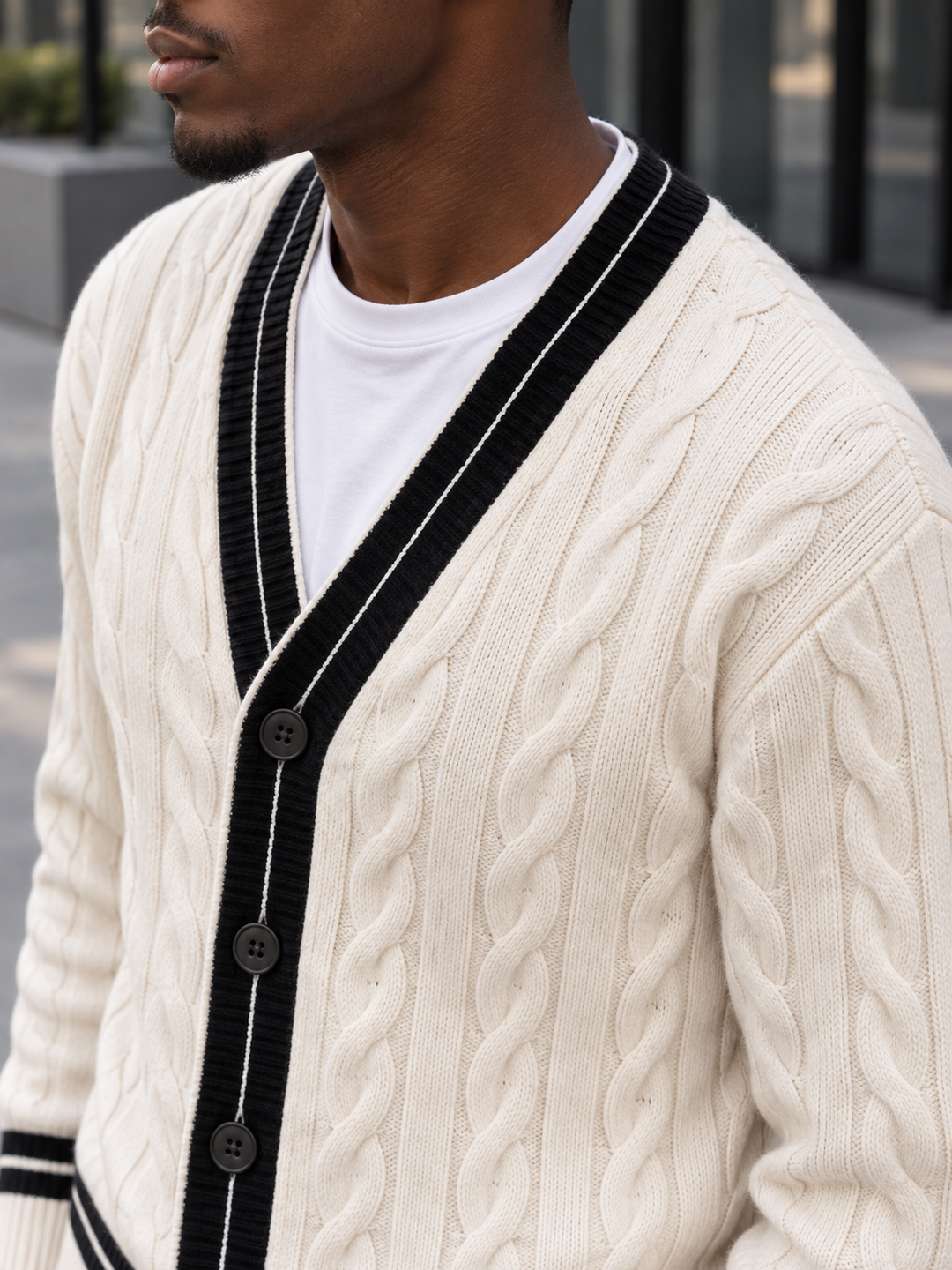 Men's V-Neck Button-Front Cardigan with Contrast Trim and Ribbed Hem