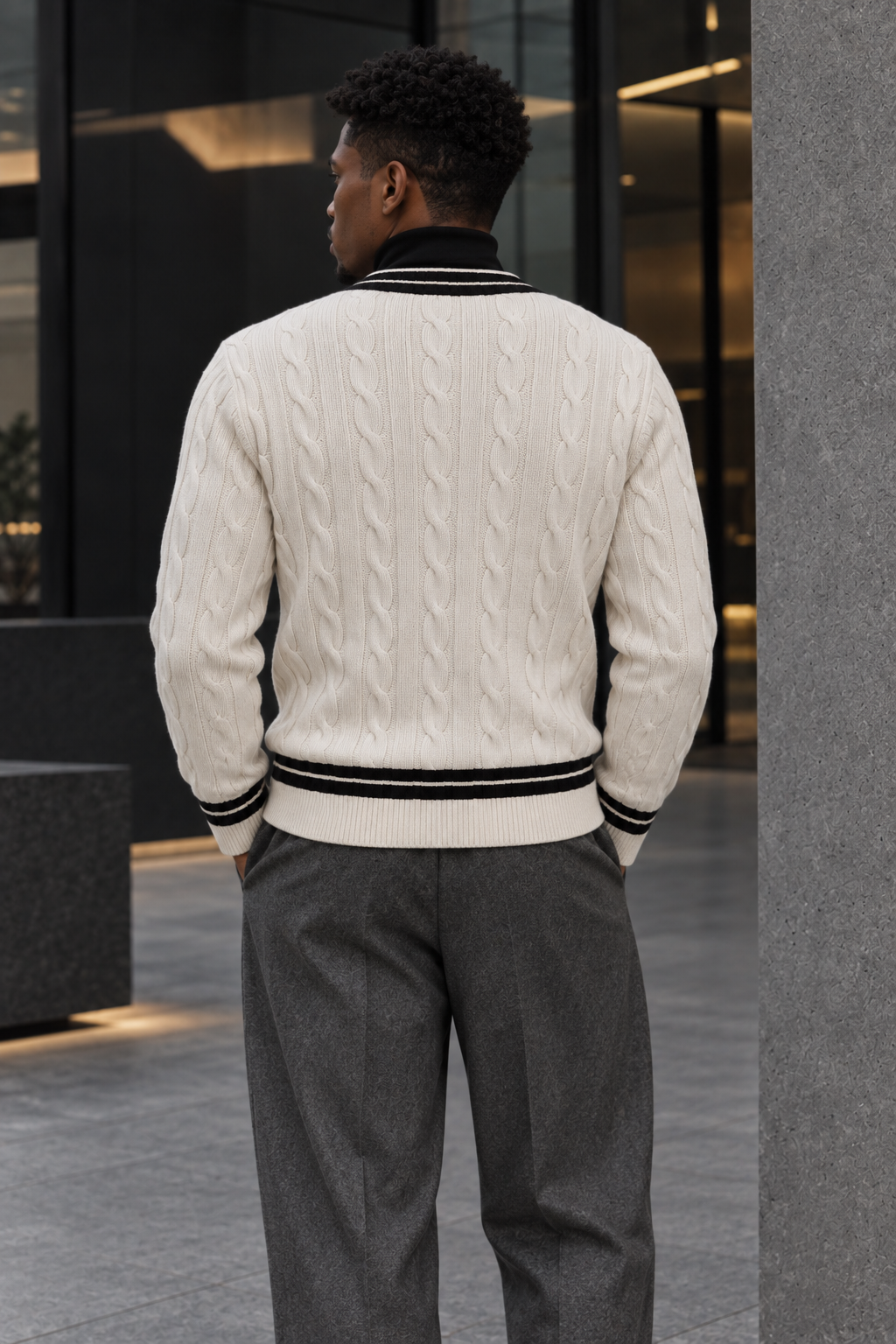 Men's V-Neck Button-Front Cardigan with Contrast Trim and Ribbed Hem