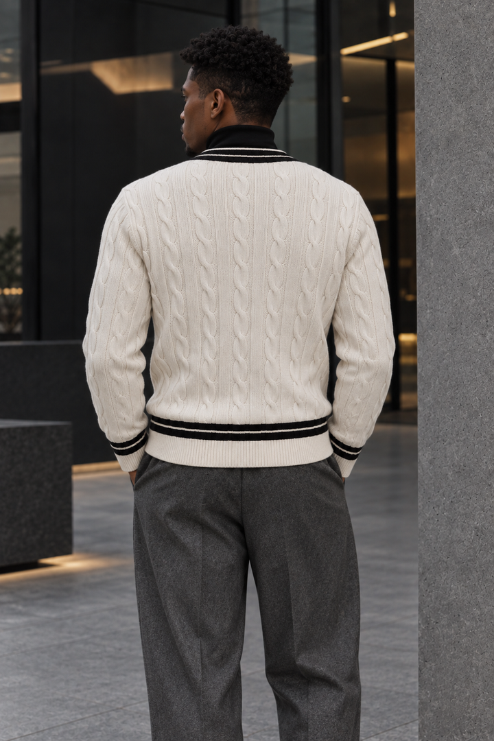 Men's V-Neck Button-Front Cardigan with Contrast Trim and Ribbed Hem