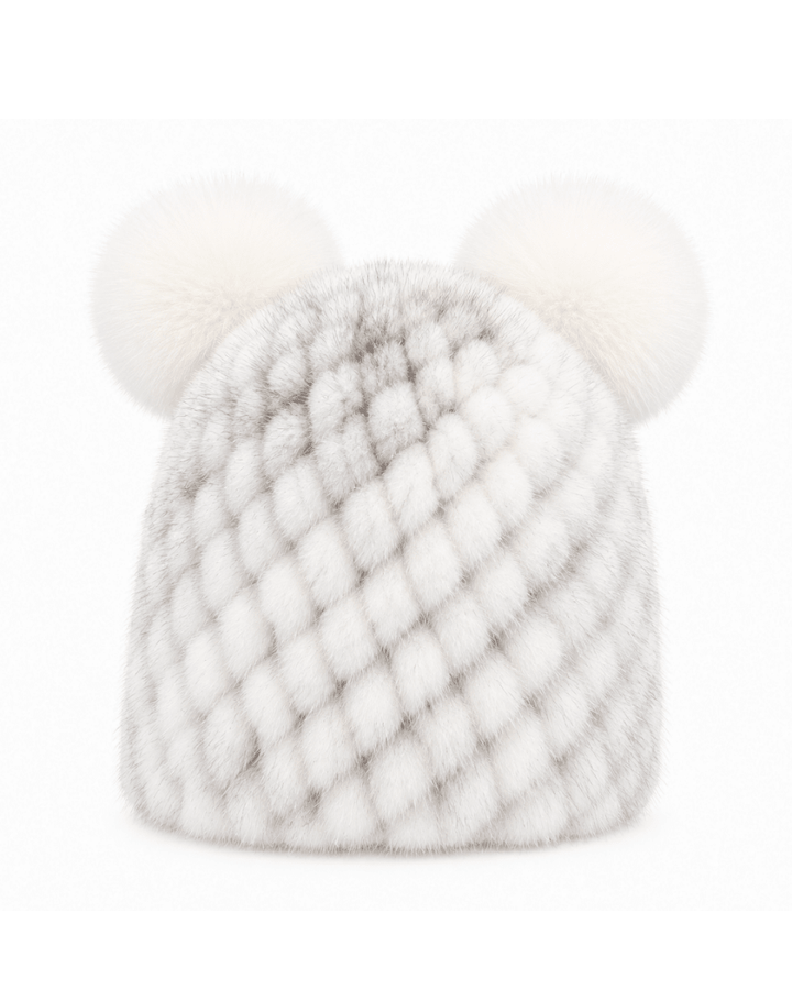 Bonnet de Ski Femme en Fourrure Synthétique Tricoté à Double Pompon