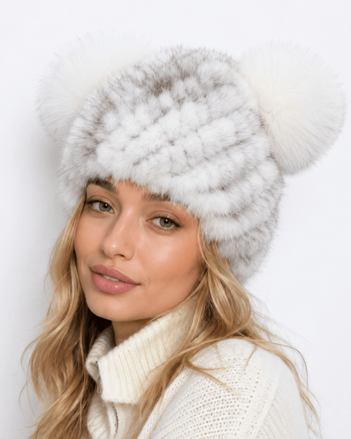 Bonnet de Ski Femme en Fourrure Synthétique Tricoté à Double Pompon