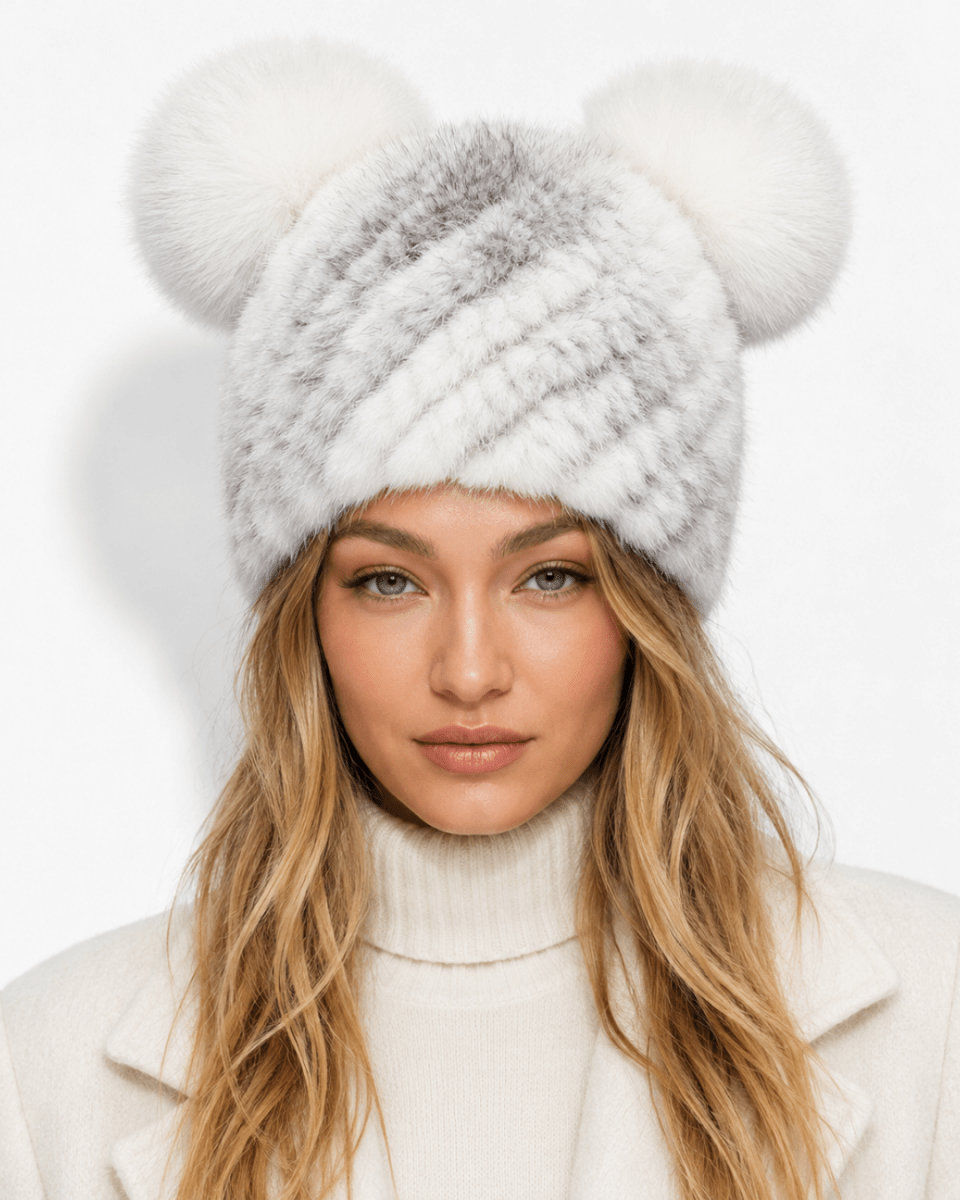 Bonnet de Ski Femme en Fourrure Synthétique Tricoté à Double Pompon