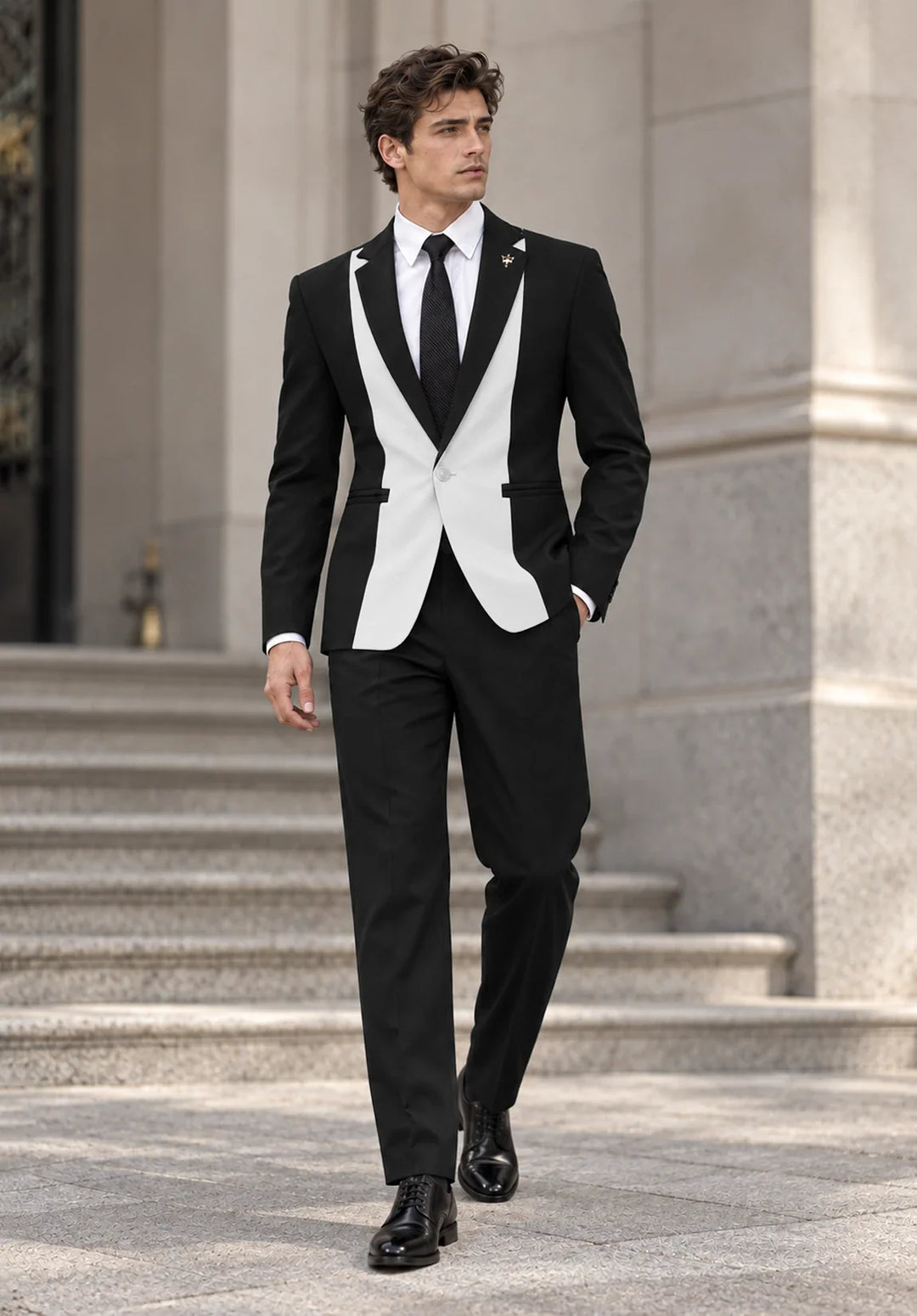 Costume Deux Pièces Homme Coupe Slim avec Design à Panneaux Contrastants et Col Peak